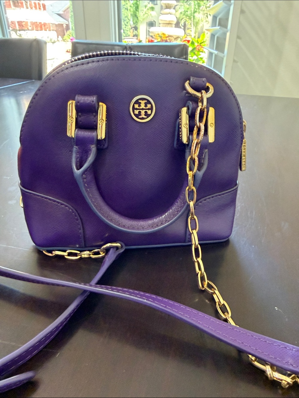 Tory Burch Robinson Purple Dome Mini  Satchel Saffiano Leather with Gold Chain.
